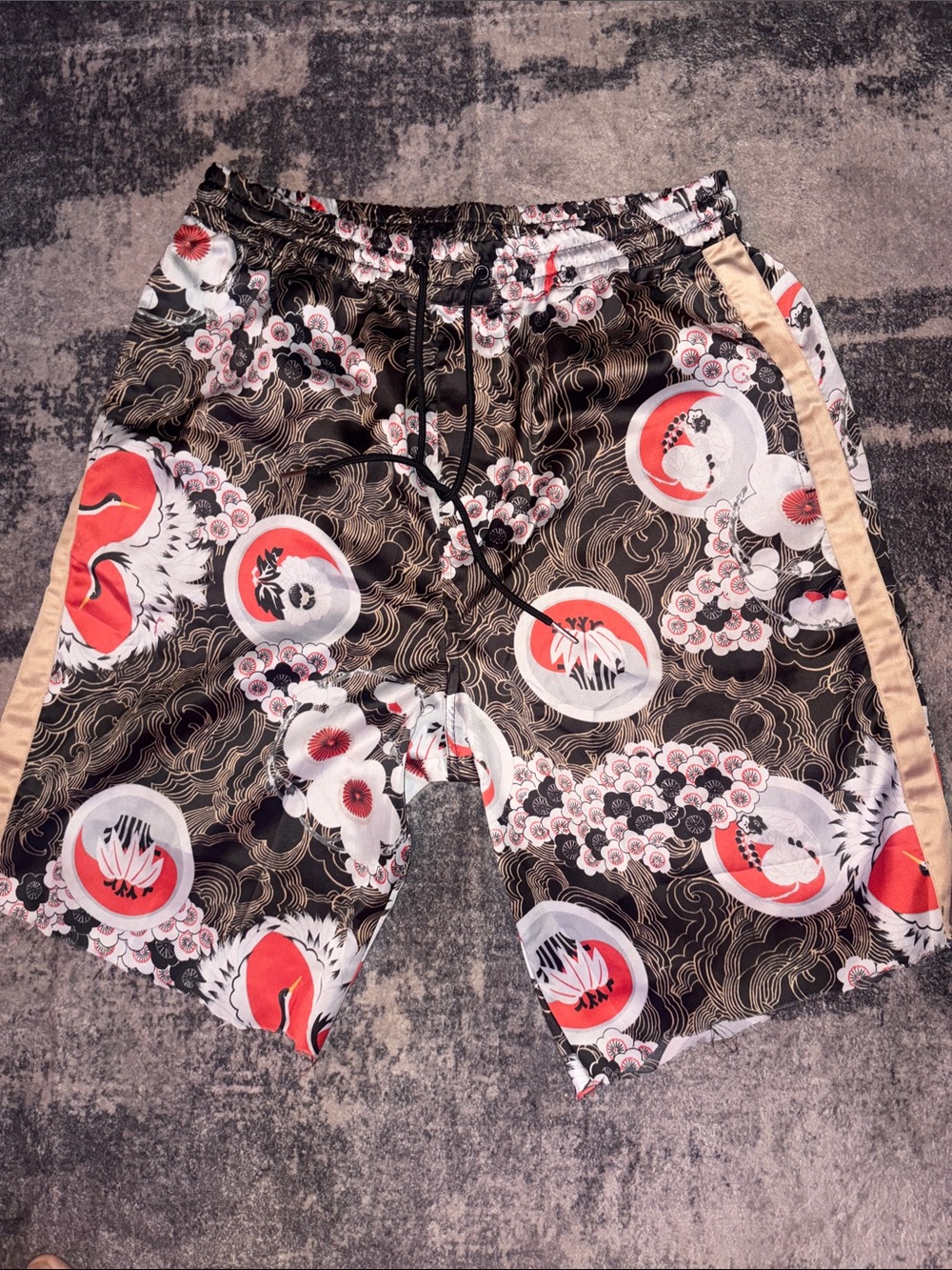 Urban Outfitters Black Floral Graphic Drawstring Shorts with Tan Panels